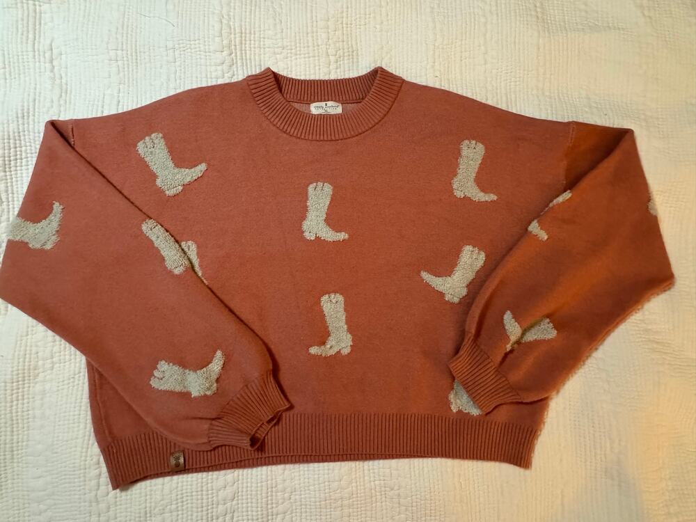 Simply Southern Cropped Cowboy Boot Sweater XL Terracotta Pink